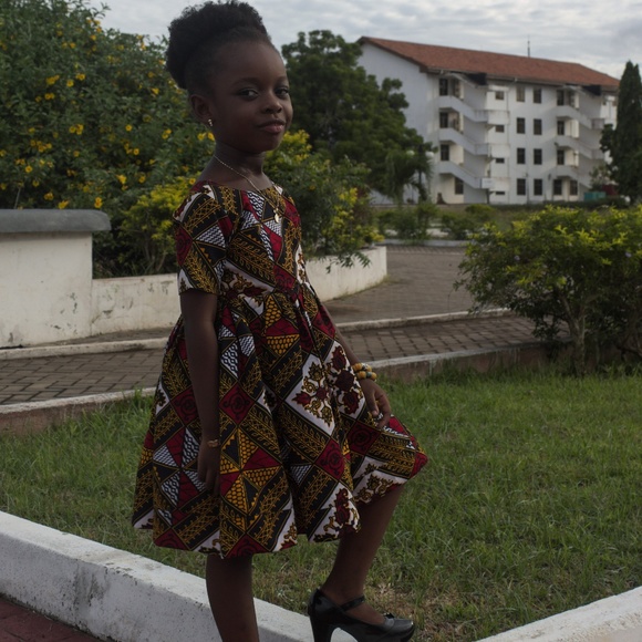 Girl's Brown African Ankara Print Dress - Picture 2 of 6